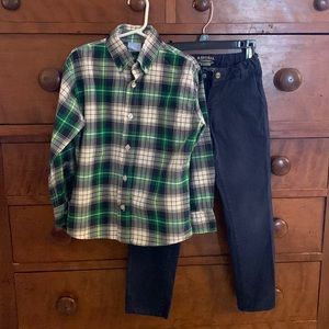 Bella Bliss plaid shirt and Mayoral navy pants
